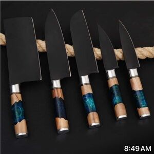 Set of 5 Black and Wood Handle Knives